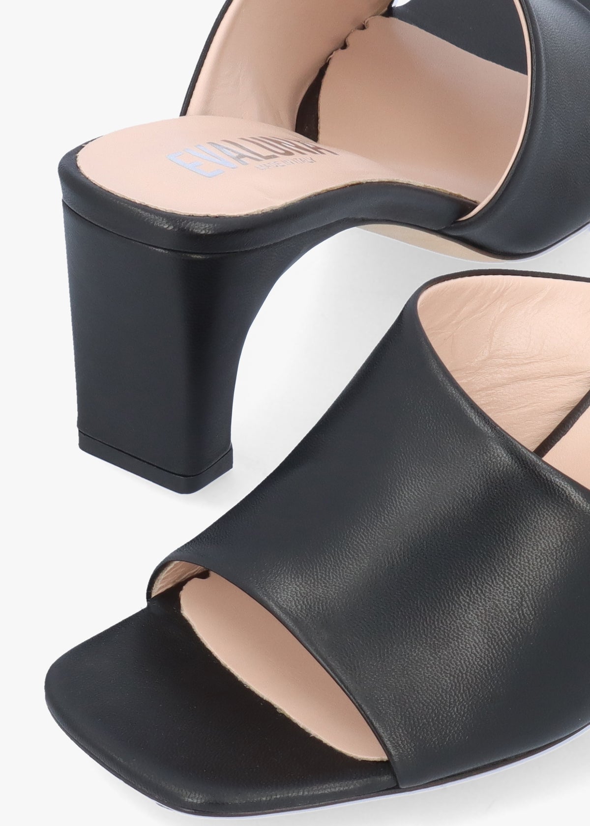 Black Leather Asymmetric One Strap Heeled Mules