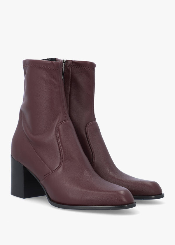 Burgundy Sock Like Stretch Block Heel Ankle Boots