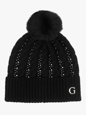 Black Knitted G Logo Diamante Pom Pom Beanie Hat