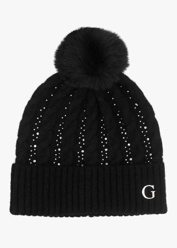 Black Knitted G Logo Diamante Pom Pom Beanie Hat