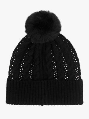 Black Knitted G Logo Diamante Pom Pom Beanie Hat