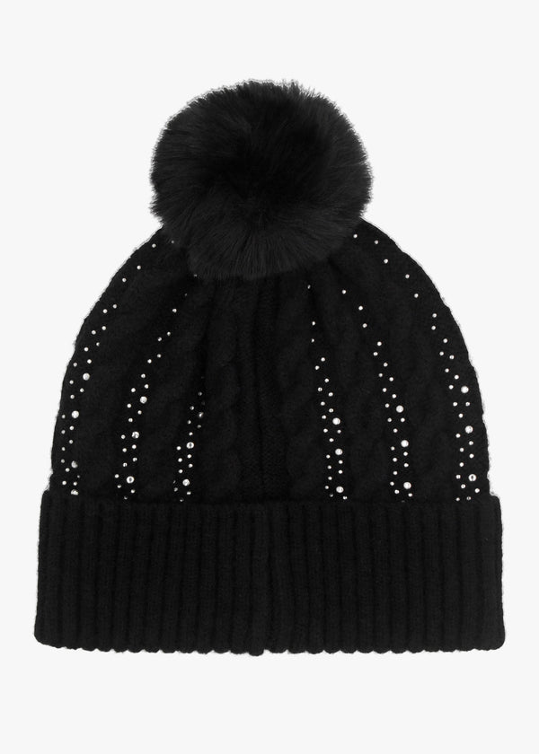 Black Knitted G Logo Diamante Pom Pom Beanie Hat