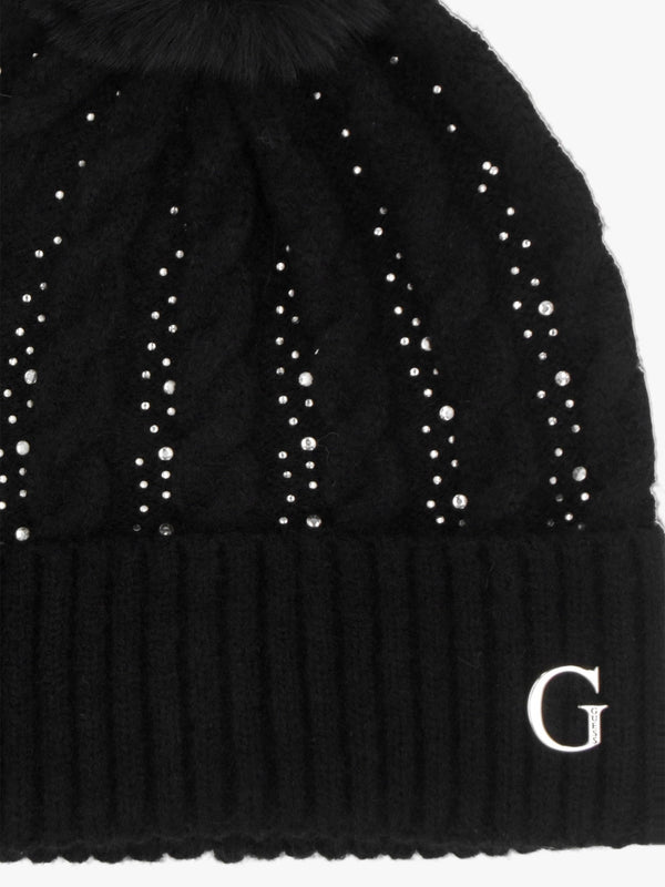 Black Knitted G Logo Diamante Pom Pom Beanie Hat