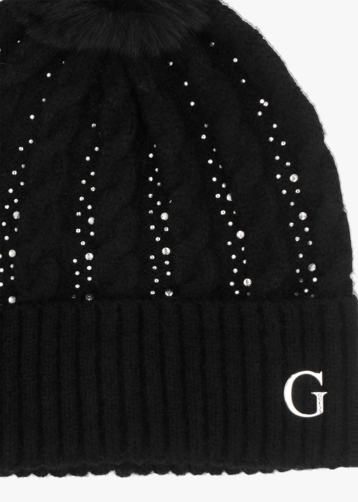 Black Knitted G Logo Diamante Pom Pom Beanie Hat