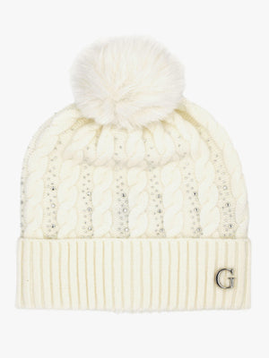 Cream Knitted G Logo Diamante Pom Pom Beanie Hat