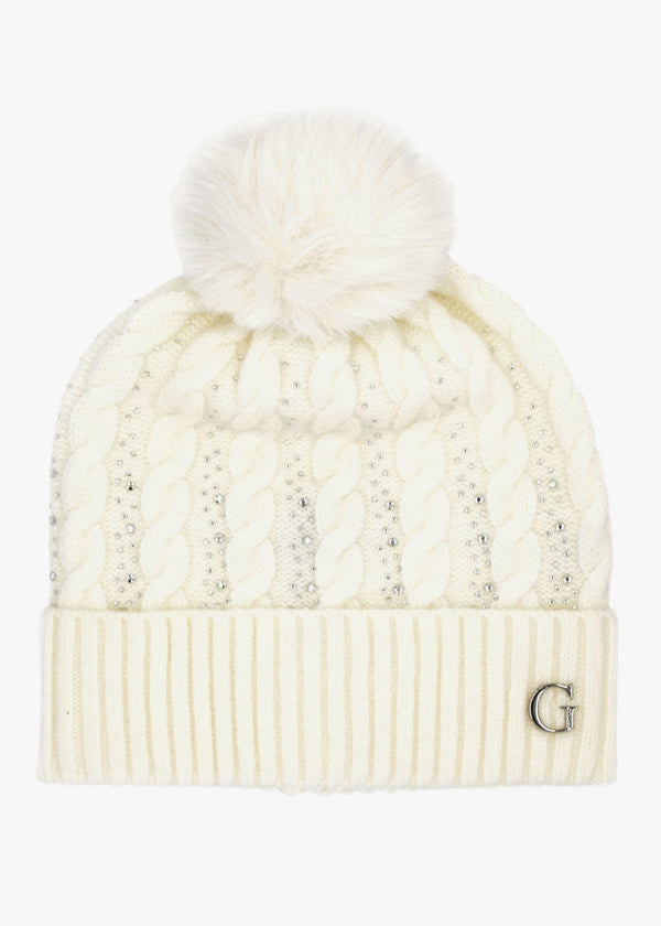 Cream Knitted G Logo Diamante Pom Pom Beanie Hat