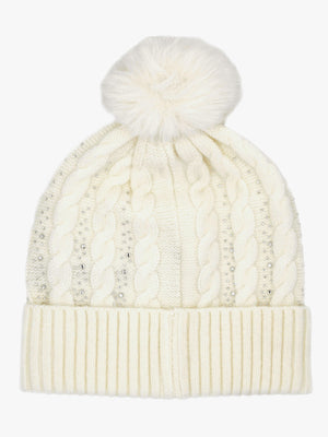 Cream Knitted G Logo Diamante Pom Pom Beanie Hat