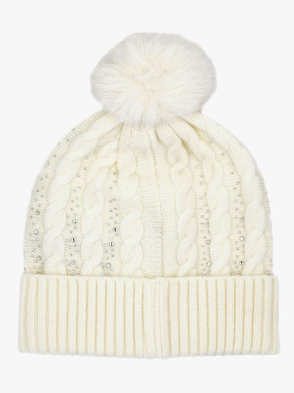 Cream Knitted G Logo Diamante Pom Pom Beanie Hat