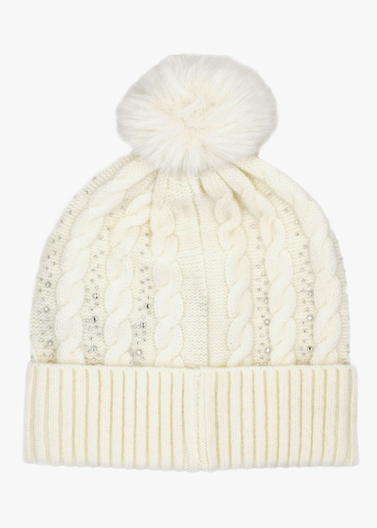 Cream Knitted G Logo Diamante Pom Pom Beanie Hat