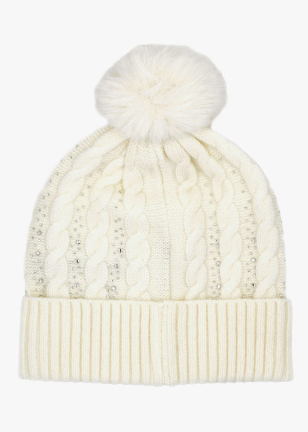 Cream Knitted G Logo Diamante Pom Pom Beanie Hat