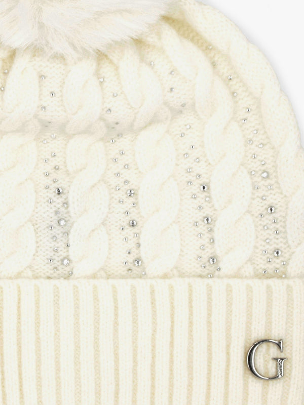 Cream Knitted G Logo Diamante Pom Pom Beanie Hat
