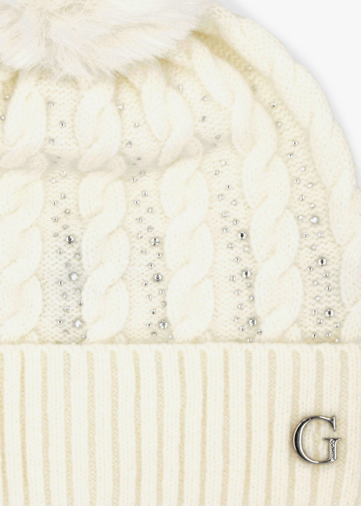 Cream Knitted G Logo Diamante Pom Pom Beanie Hat
