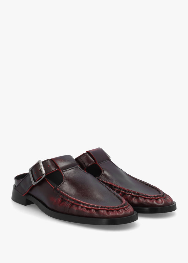 Gianna Brushed Red Leather Buckle Flat Mules