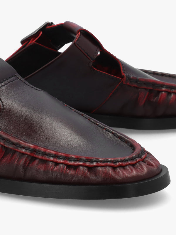 Gianna Brushed Red Leather Buckle Flat Mules