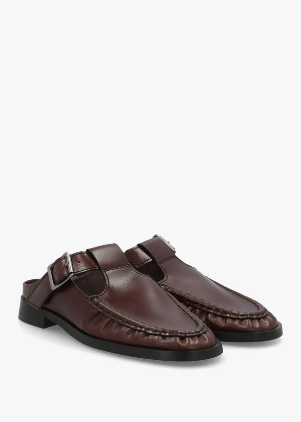 Gianna Brown Leather Buckle Flat Mules