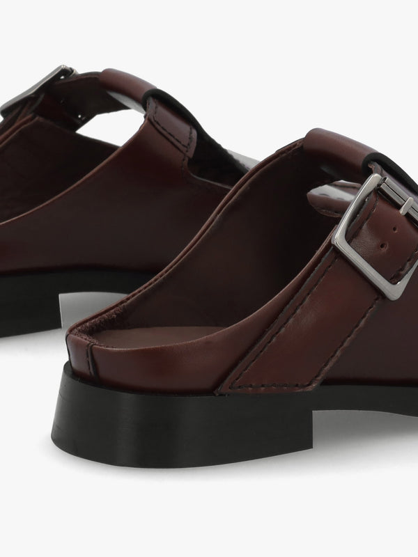 Gianna Brown Leather Buckle Flat Mules