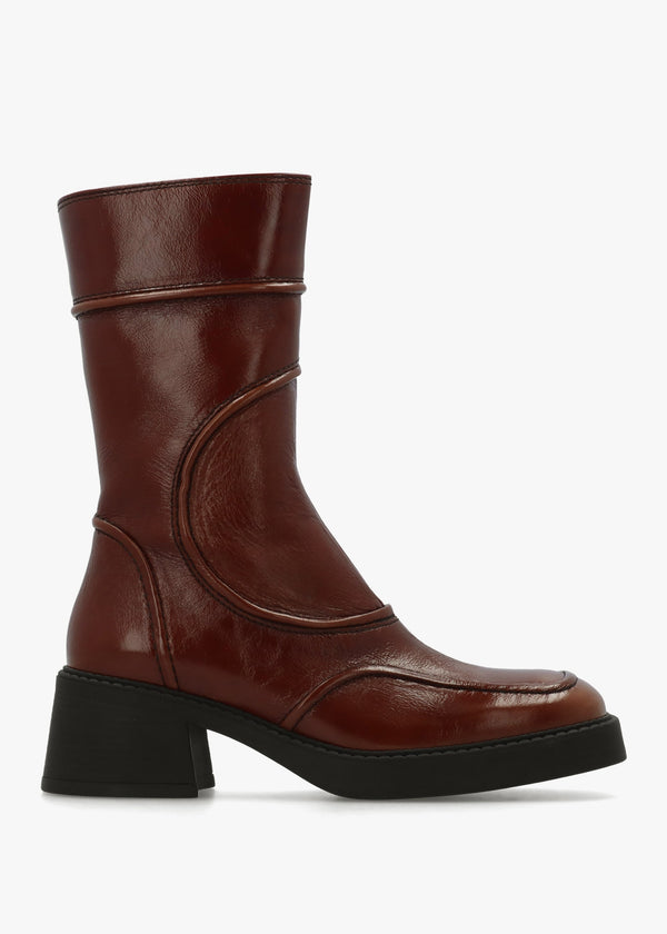 Malene Tan Leather Block Heel Calf Boots