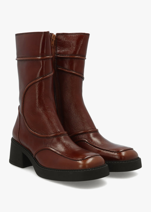 Malene Tan Leather Block Heel Calf Boots