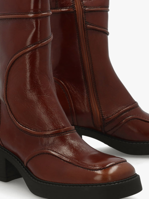 Malene Tan Leather Block Heel Calf Boots