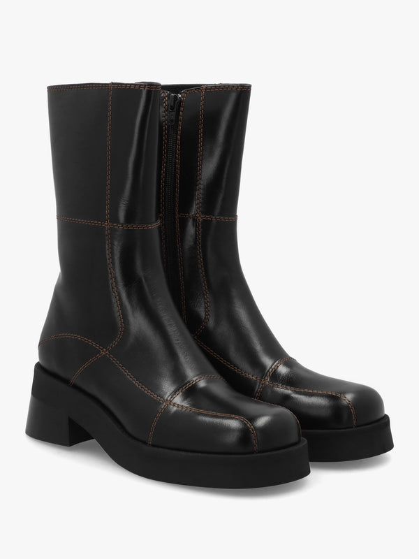 Heya Black Leather Block Heel Calf Boots