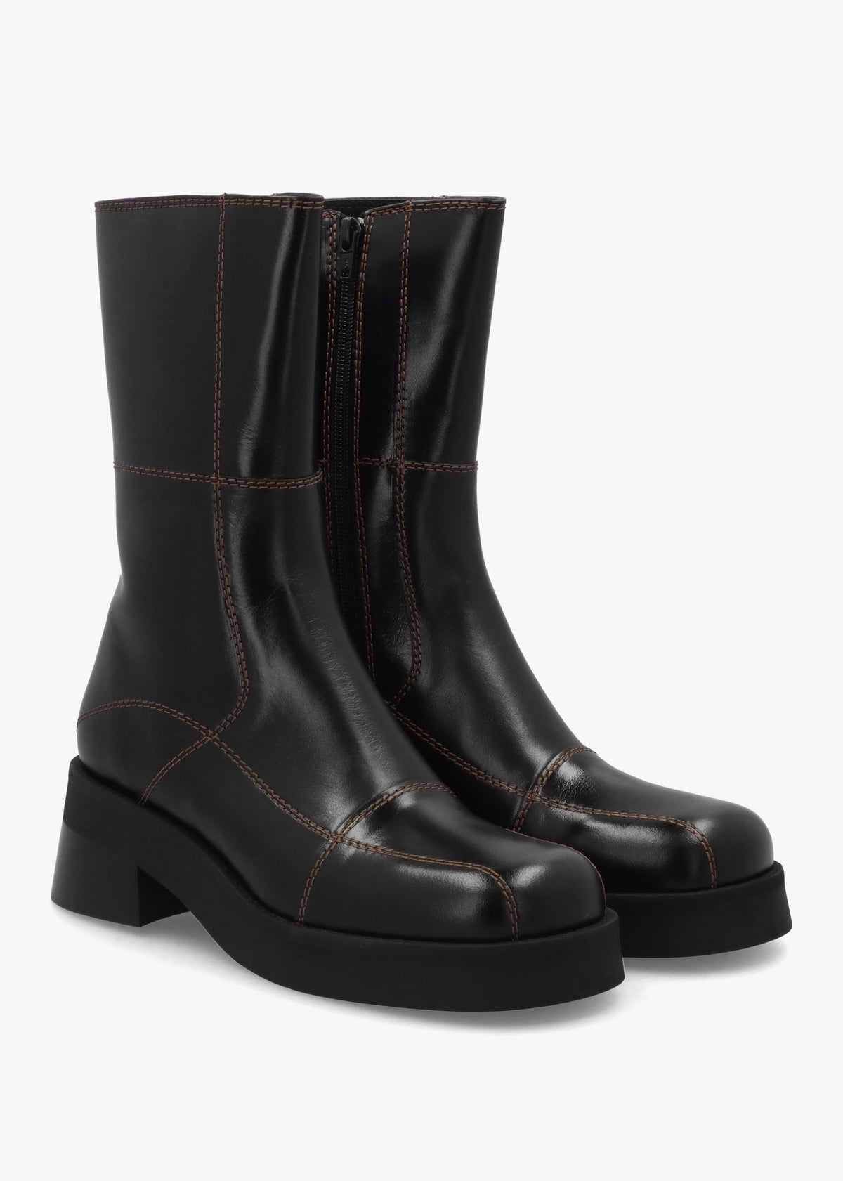 Heya Black Leather Block Heel Calf Boots