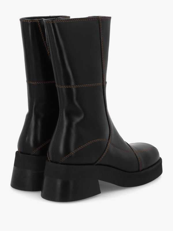 Heya Black Leather Block Heel Calf Boots