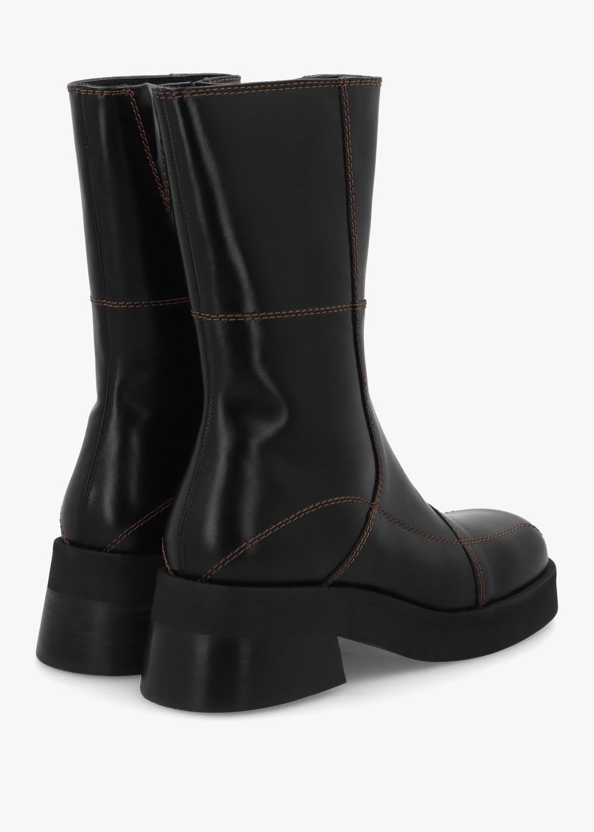Heya Black Leather Block Heel Calf Boots