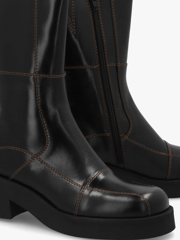 Heya Black Leather Block Heel Calf Boots