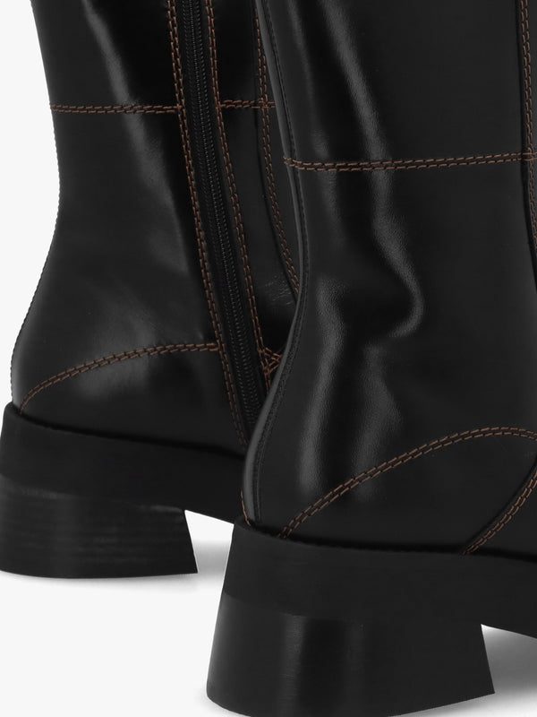 Heya Black Leather Block Heel Calf Boots