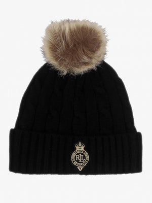 Cable-Patch Pom Pom Black Cable Knit Beanie Hat