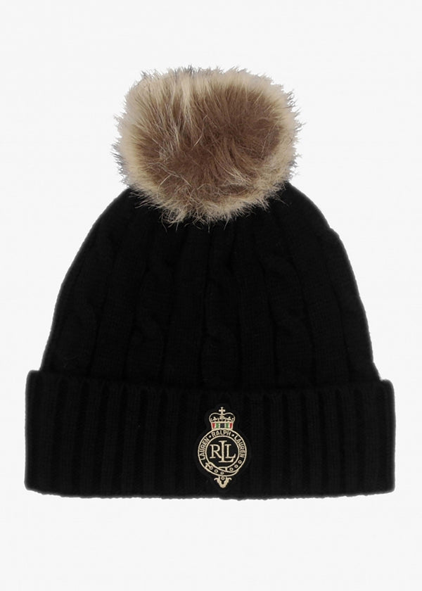 Cable-Patch Pom Pom Black Cable Knit Beanie Hat
