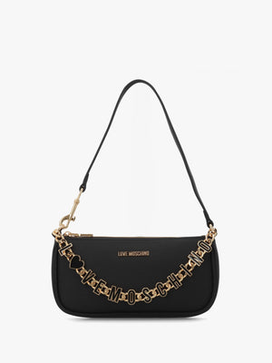 Dangling Logo Chain Nero Leather Shoulder Bag