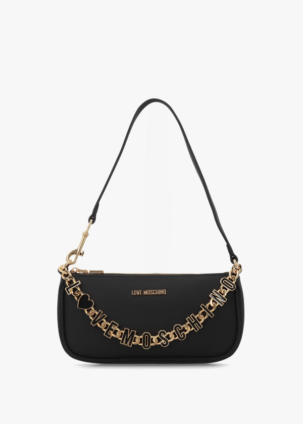 Dangling Logo Chain Nero Leather Shoulder Bag