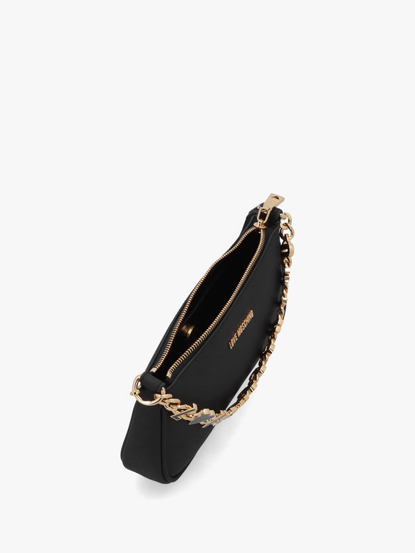 Dangling Logo Chain Nero Leather Shoulder Bag
