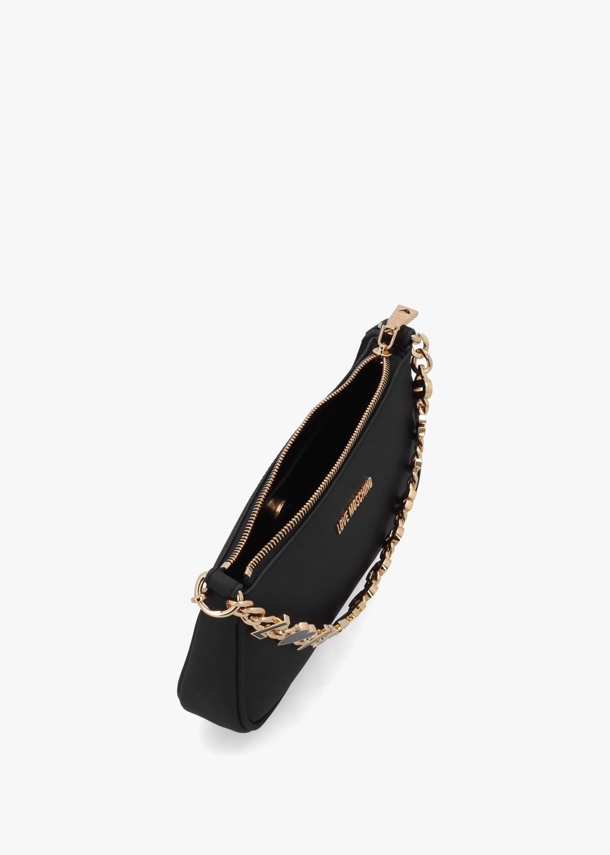 Dangling Logo Chain Nero Leather Shoulder Bag