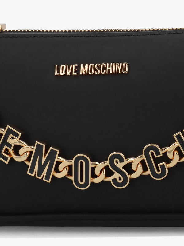 Dangling Logo Chain Nero Leather Shoulder Bag