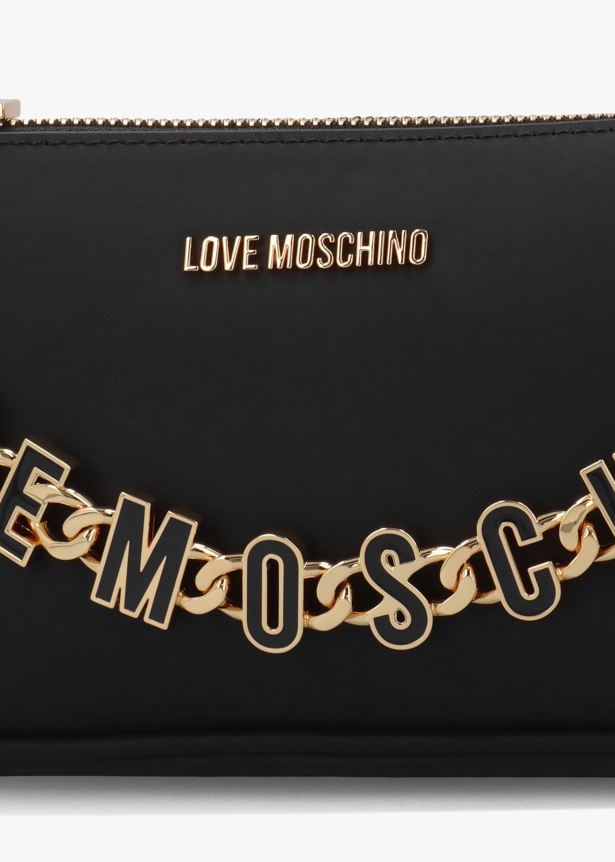 Dangling Logo Chain Nero Leather Shoulder Bag