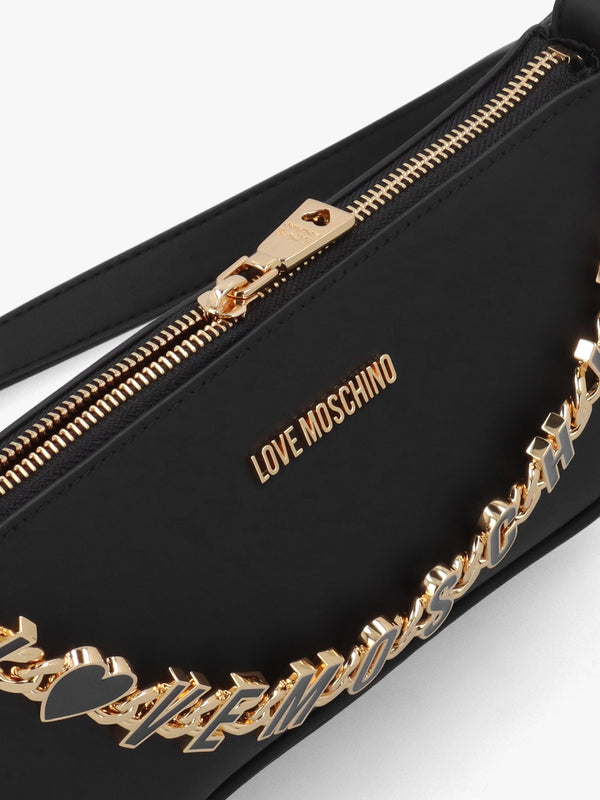 Dangling Logo Chain Nero Leather Shoulder Bag