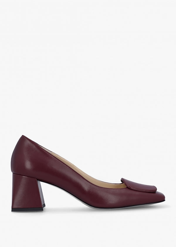 Nessie Burgundy Leather Block Heel Court Shoes
