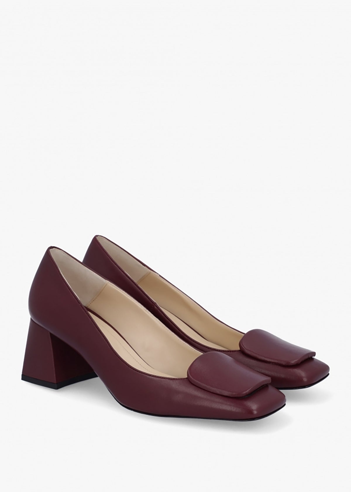 Nessie Burgundy Leather Block Heel Court Shoes