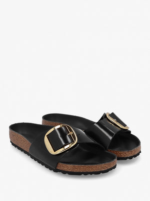 Madrid Big Buckle High Shine Black Leather Mules