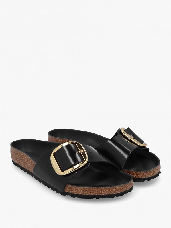 Madrid Big Buckle High Shine Black Leather Mules