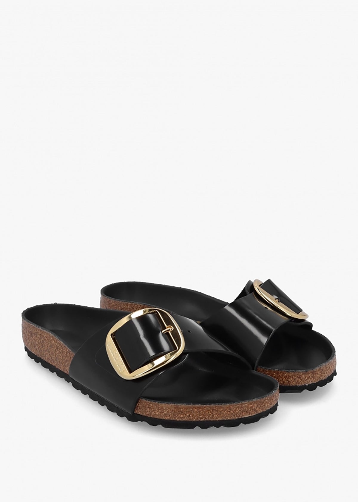 Madrid Big Buckle High Shine Black Leather Mules