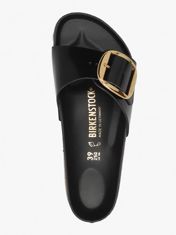 Madrid Big Buckle High Shine Black Leather Mules