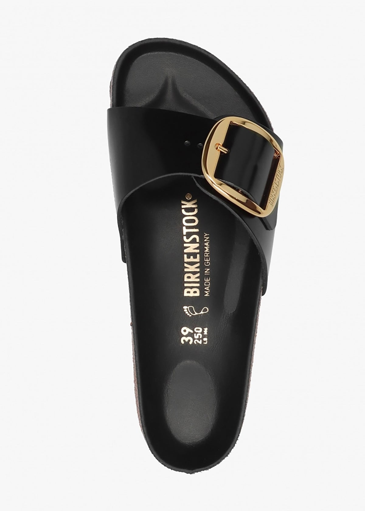 Madrid Big Buckle High Shine Black Leather Mules