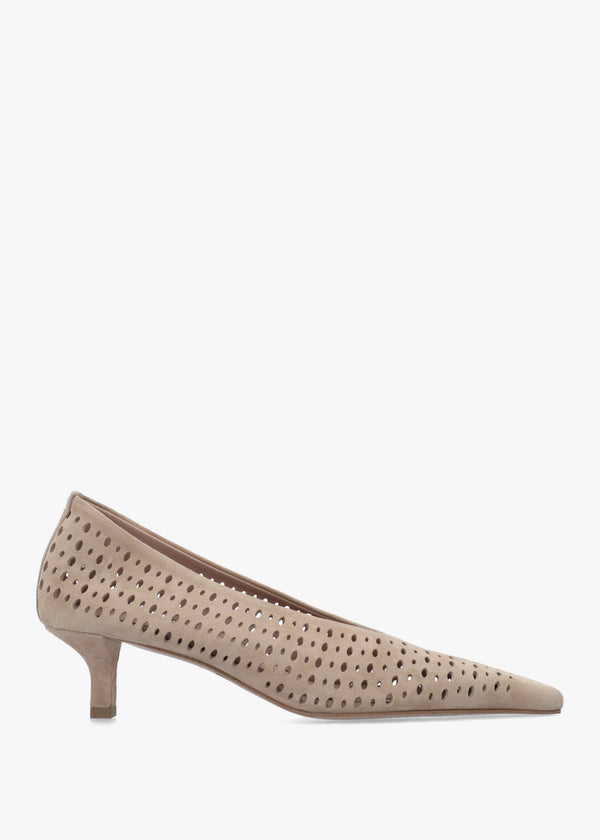 Skye Beige Suede Perforated Kitten Heel Court Shoes