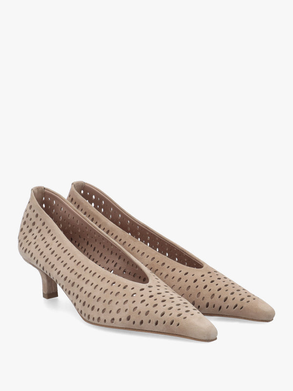 Skye Beige Suede Perforated Kitten Heel Court Shoes