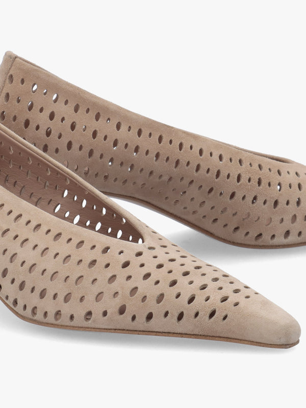 Skye Beige Suede Perforated Kitten Heel Court Shoes