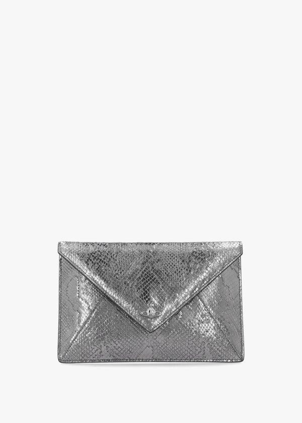 Python Effect Silver Leather Envelope Clutch