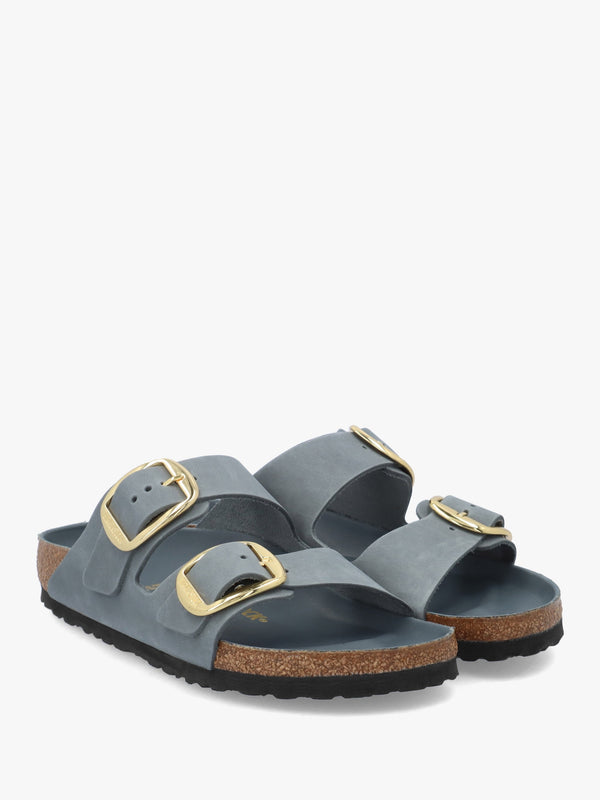 Arizona Big Buckle Basalt Gray Oiled Leather Two Bar Mules